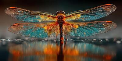 Close view of a colorfully detailed dragonfly resting on water, showcasing its vibrant wings and intricate patterns photo