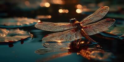 Dragonfly resting on a water lily at dusk with shimmering reflections in a tranquil pond setting photo