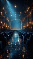 Majestic theater interior with illuminated stage and reflective floor creates an enchanting atmosphere for evening performances photo