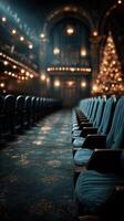 Elegant theater interior showcasing blue velvet seats and a festive tree during a magical evening performance photo