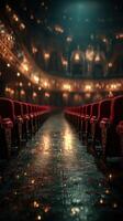 Charming interior of a vintage theater showcasing empty velvet seats and atmospheric lighting photo