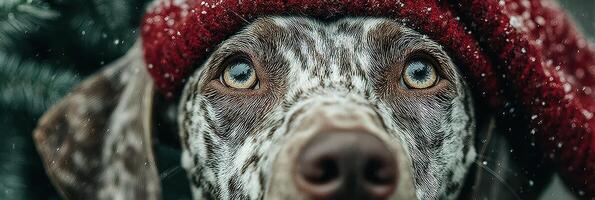 Playful dog in red winter hat enjoying snowy day outdoors in a forest setting photo