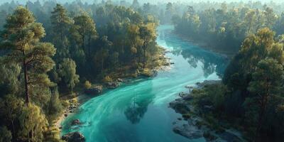 Tranquil river flows through a lush green forest at dawn with mist rising over the water photo