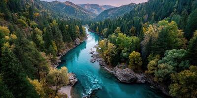 Majestic river flows through autumn forest in a tranquil landscape at dusk photo