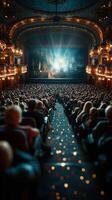 Crowd enjoy a cinematic experience in an ornate theater during an evening screening photo