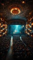 Audience enjoying a captivating performance in an ornate theater during an evening show photo