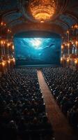Crowd watches immersive ocean-themed presentation in opulent theater setting during evening photo