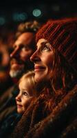 Family enjoying an outdoor event at night with vibrant lights illuminating their faces photo