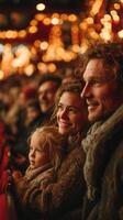 Smiling family enjoying a festive performance under warm lights during the holiday season photo