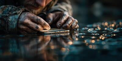 Artisan craftsman focused on intricate detailing while working on a wooden object in a dimly lit workshop with reflective surfaces photo