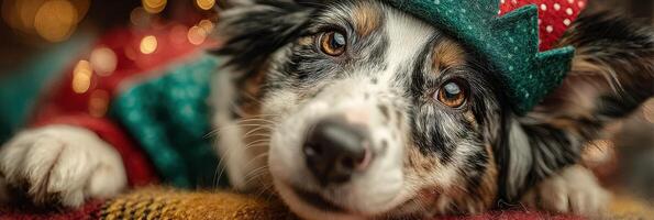 Festive dog wearing an elf hat enjoys holiday cheer in a cozy indoor setting photo