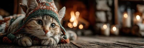 Cozy cat resting by the fireplace in a knitted hooded sweater during a warm evening at home photo