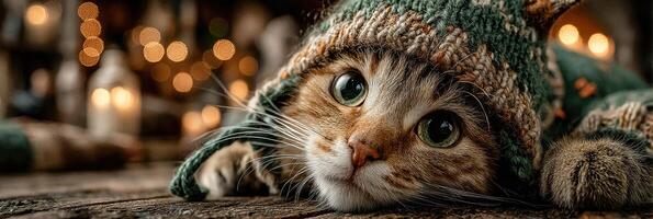 Cozy cat wearing a knitted hat relaxes in a warm setting with soft lights in the background photo