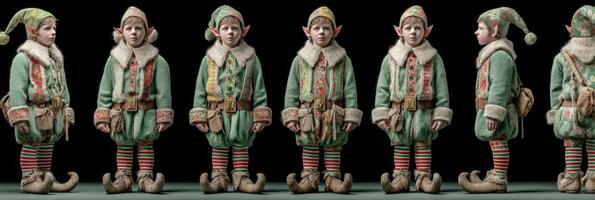 Traditional elf costumes on display featuring a variety of poses and angles highlighting intricate details and festive colors photo
