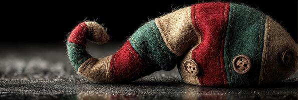 Colorful textile creature rests on a dark surface, showcasing unique patterns and textures during a creative art project photo