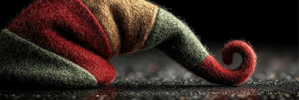Colorful elf hat resting on a dark surface with a sparkling backdrop during festive season photo