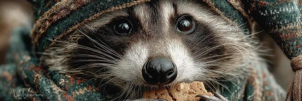 Raccoon wearing a scarf enjoys a cookie in a forest setting during autumn photo