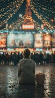 Cozy evening in a festive square with popcorn and twinkling lights photo