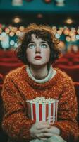 Woman in sweater sits in theater holding popcorn while looking upwards, immersed in cinematic experience during a film screening photo