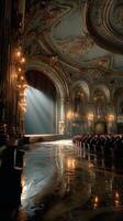 Lavish theater interior showcasing ornate architecture and dramatic lighting with a spotlight illuminating the stage photo