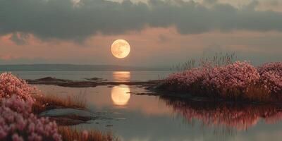 Stunning sunset over tranquil water with blooming flowers and a full moon reflection at dusk photo