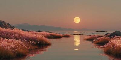 Serene sunset over tranquil water reflecting a full moon with pink grass along the shore at dusk photo