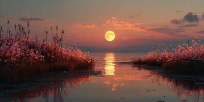Sunset over calm waters with blooming flowers reflecting the golden moonlight in a serene landscape photo