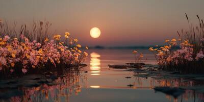 Sunset over tranquil lake with flowers blooming along the shore photo