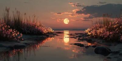 Beautiful sunset reflecting on calm water surrounded by blooming flowers near a serene beach location photo