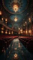 Elegant theater interior with ornate architecture and ambient lighting during an evening performance photo