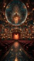Elegant theater interior with ornate decor and opulent lighting at dusk photo