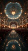 Elegant interior of a grand theater showcasing an ornate ceiling and plush seating arrangement in an evening setting photo