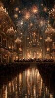 Elegant concert hall illuminated by chandeliers and fireworks celebrating a special performance at night photo