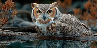 Majestic owl perched by the water at dusk, showcasing its striking features and captivating gaze in a serene natural setting photo
