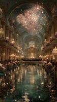 Grand celebration with fireworks over an elegant ballroom reflecting lights from water at night photo