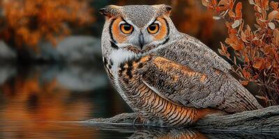 Majestic owl perched by a serene lakeside surrounded by autumn foliage in a tranquil setting photo