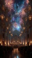 Spectacular fireworks illuminate grand concert hall during orchestral performance at evening event in vibrant city photo