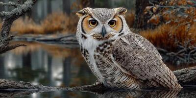 Owl perched by a tranquil pond surrounded by autumn foliage in a serene forest setting photo