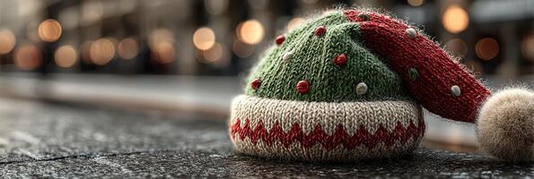 Holiday hat rests on wet pavement during festive season with blurred lights in the background photo