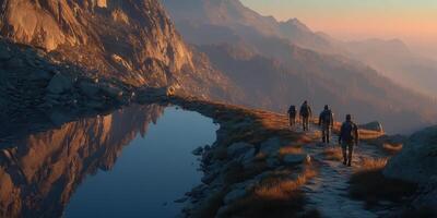 Hikers exploring a mountain trail during sunset near a tranquil lake with reflections in the water photo