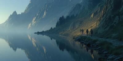 Hikers explore a serene lakeside trail at sunrise amidst majestic mountains and misty surroundings photo