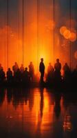 Silhouetted figures enjoying a vibrant sunset reflection in an urban setting during the evening photo