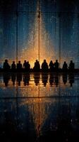 People viewing a stunning light display with sparkling reflections at a popular venue during the evening hours photo