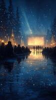 Winter night outdoor movie screening in a snowy forest with a shimmering frozen lake and twinkling Christmas lights photo