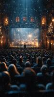 Crowd watches captivating performance in grand theater adorned with lights during a winter evening photo