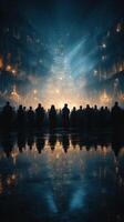Crowds gather in a festive display of lights and reflections at a winter celebration in a city square photo