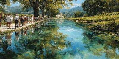 Visitors stroll along a serene waterway lined with trees and vineyards on a sunny day in the countryside photo