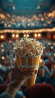 Enjoying popcorn at a lively theater performance surrounded by an enthusiastic audience in the evening photo