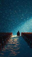Snow falls gently in a dark theater as a single viewer sits alone in silence during a winter night photo