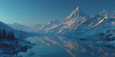 Majestic snow-capped mountains reflect in tranquil lake during twilight hours in a serene winter landscape photo